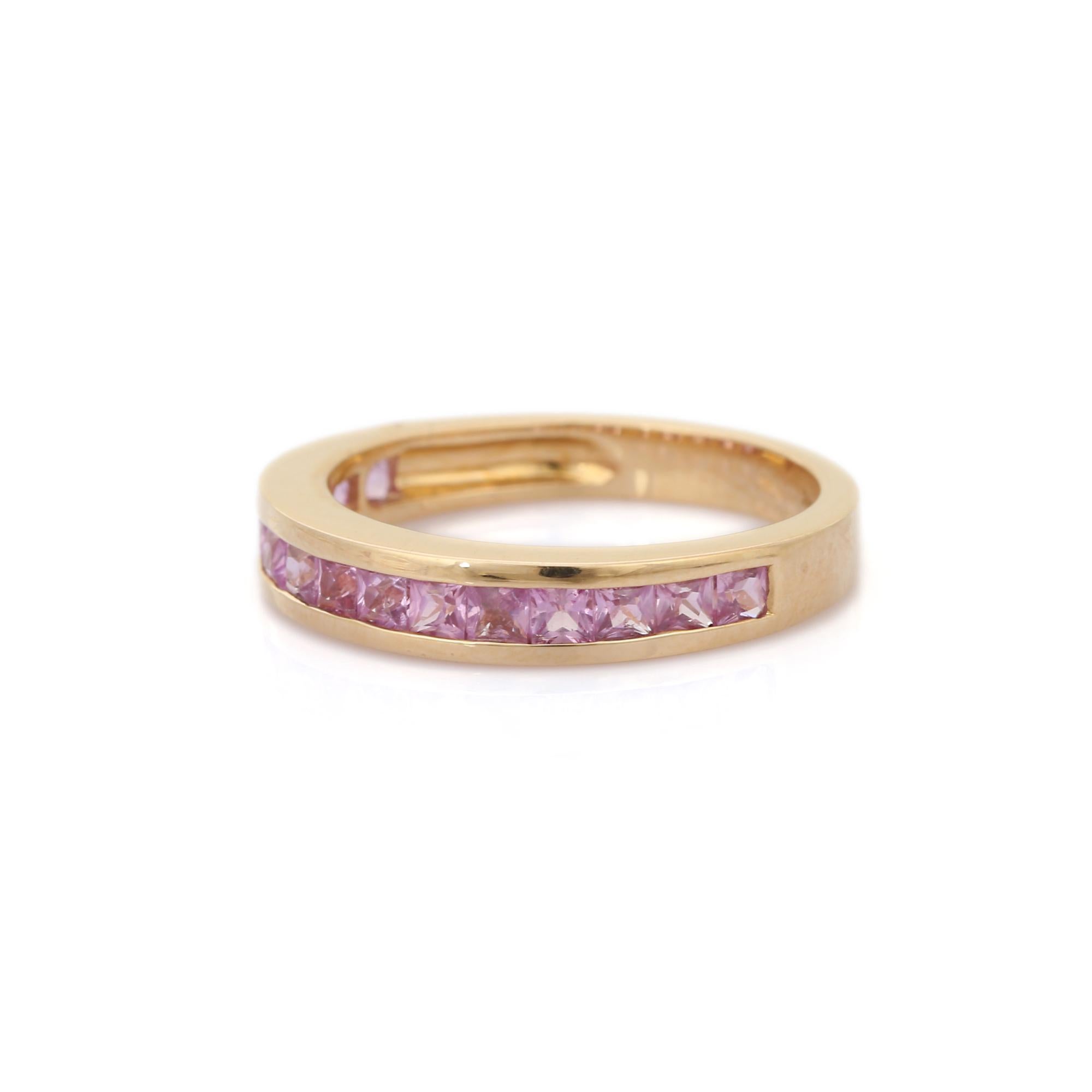 For Sale:  Natural Pink Sapphire Half Eternity Band Ring in 14K Yellow Gold 3