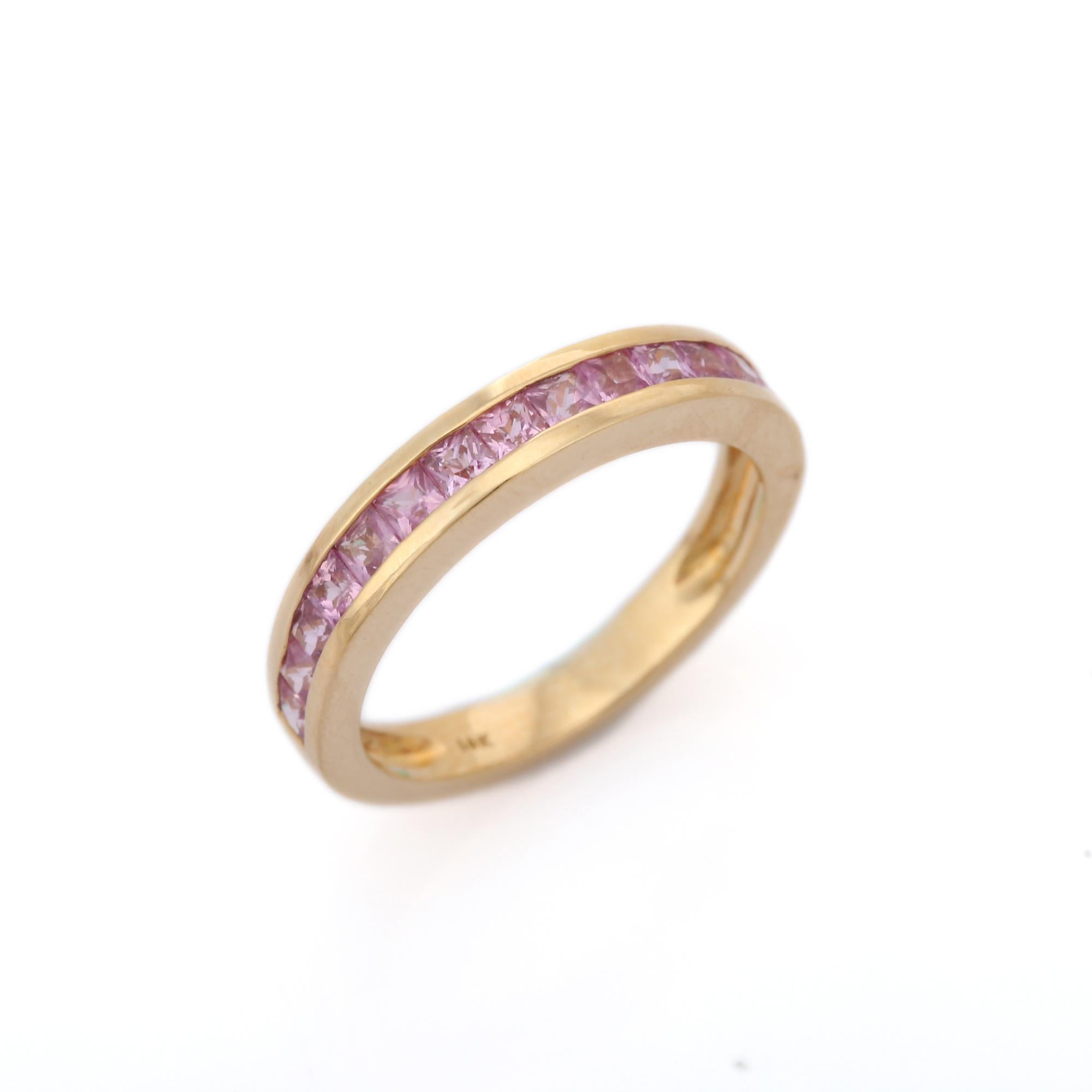 For Sale:  Natural Pink Sapphire Half Eternity Band Ring in 14K Yellow Gold 7