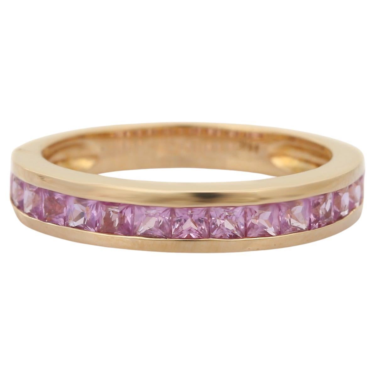 Natural Pink Sapphire Half Eternity Band Ring in 14K Yellow Gold