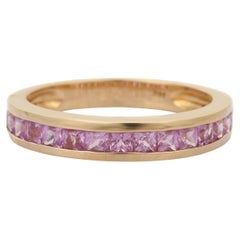 Antique Natural Pink Sapphire Half Eternity Band Ring in 14K Yellow Gold