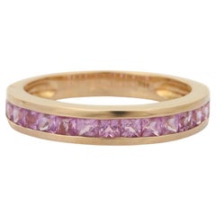 Natural Pink Sapphire Half Eternity Band Ring in 14K Yellow Gold Gift for Her