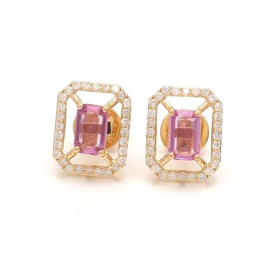 Donna Orecchini con zaffiro rosa naturale e diamante a raggiera in 14 carati  oro in vendita