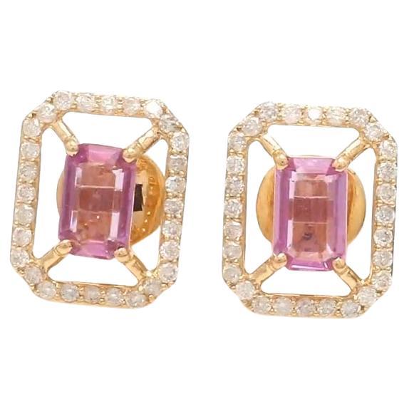Natural pink sapphire halo diamond earrings in 14k  gold