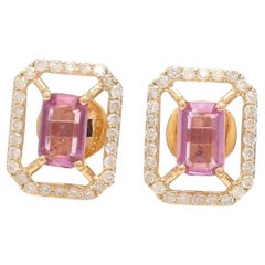 Natural pink sapphire halo diamond earrings in 14k  gold