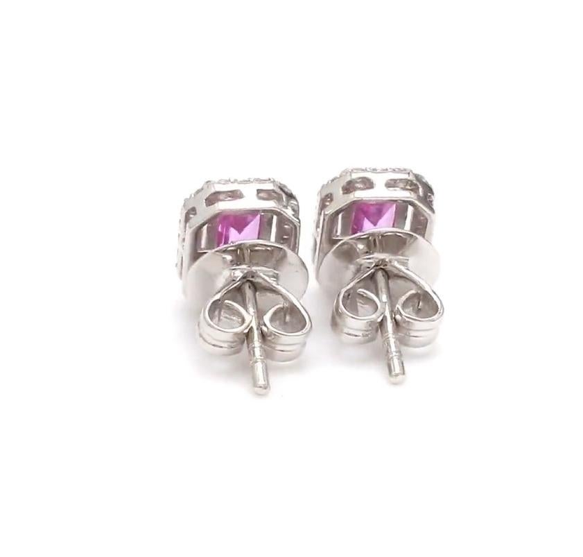 Taille Asscher Stud en diamant avec halo de saphir rose naturel  Boucles d'oreilles en or 14k en vente