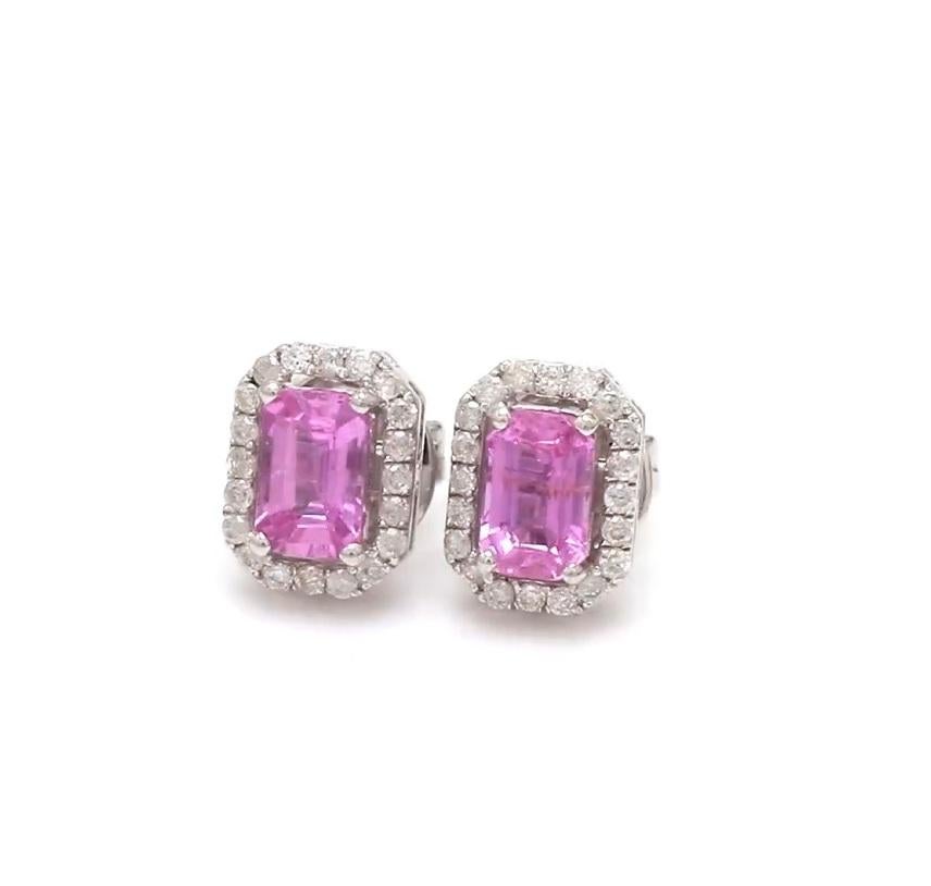 Stud en diamant avec halo de saphir rose naturel  Boucles d'oreilles en or 14k Pour femmes en vente