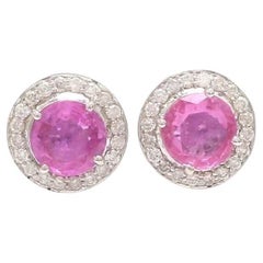 Natürliche rosa Saphir-Halo-Diamant-Ohrstecker aus 18 Karat Gold