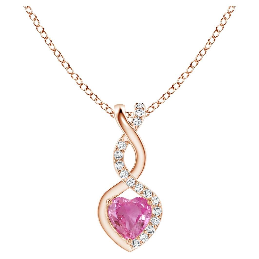 Natural 0.25ct Pink Sapphire Infinity Heart Pendant Diamonds in 14K Rose Gold For Sale