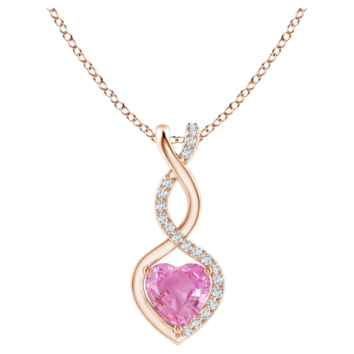Natural 0.55ct Pink Sapphire Infinity Heart Pendant Diamonds in 14K Rose Gold For Sale
