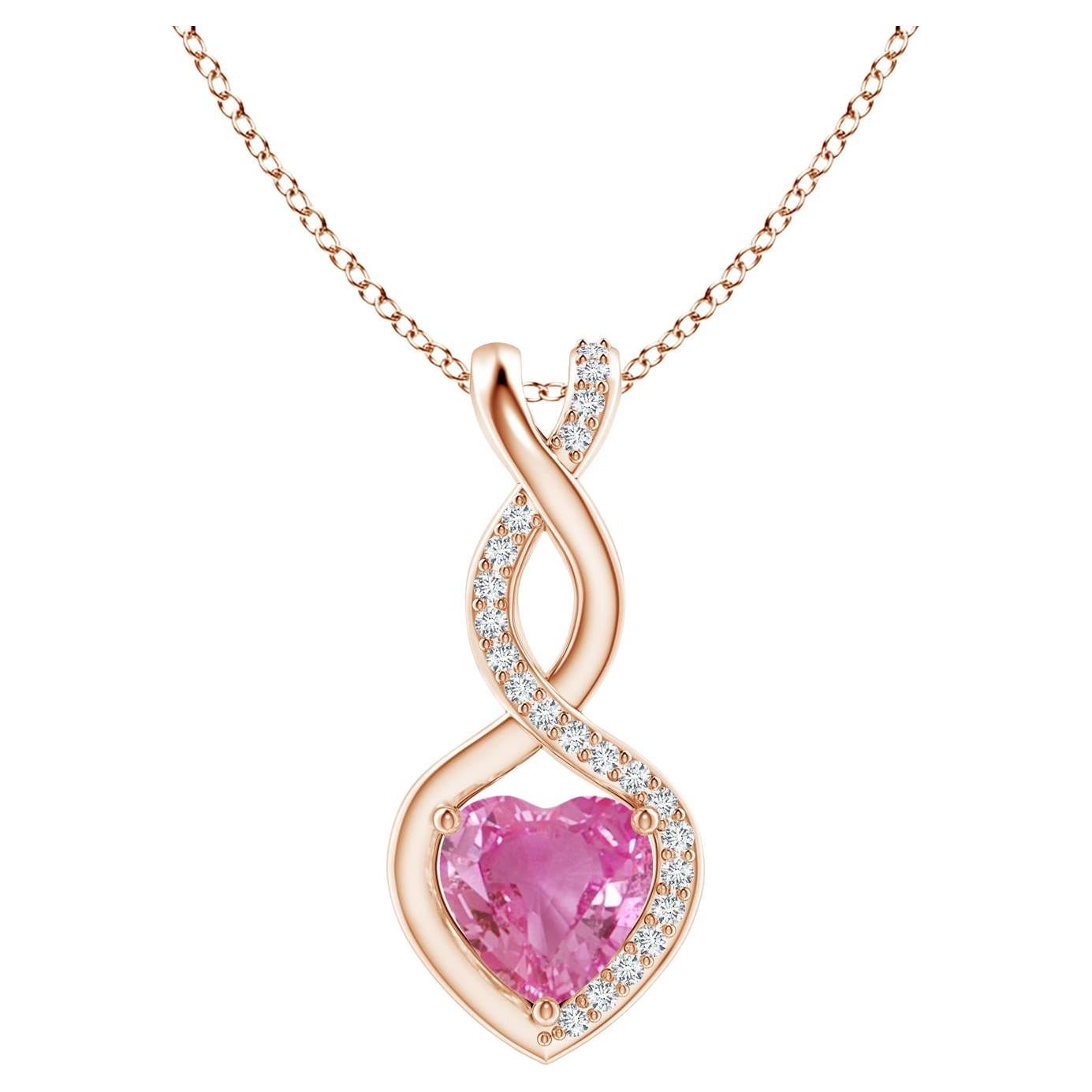 Natural 0.80ct Pink Sapphire Infinity Heart Pendant Diamonds in 14K Rose Gold For Sale