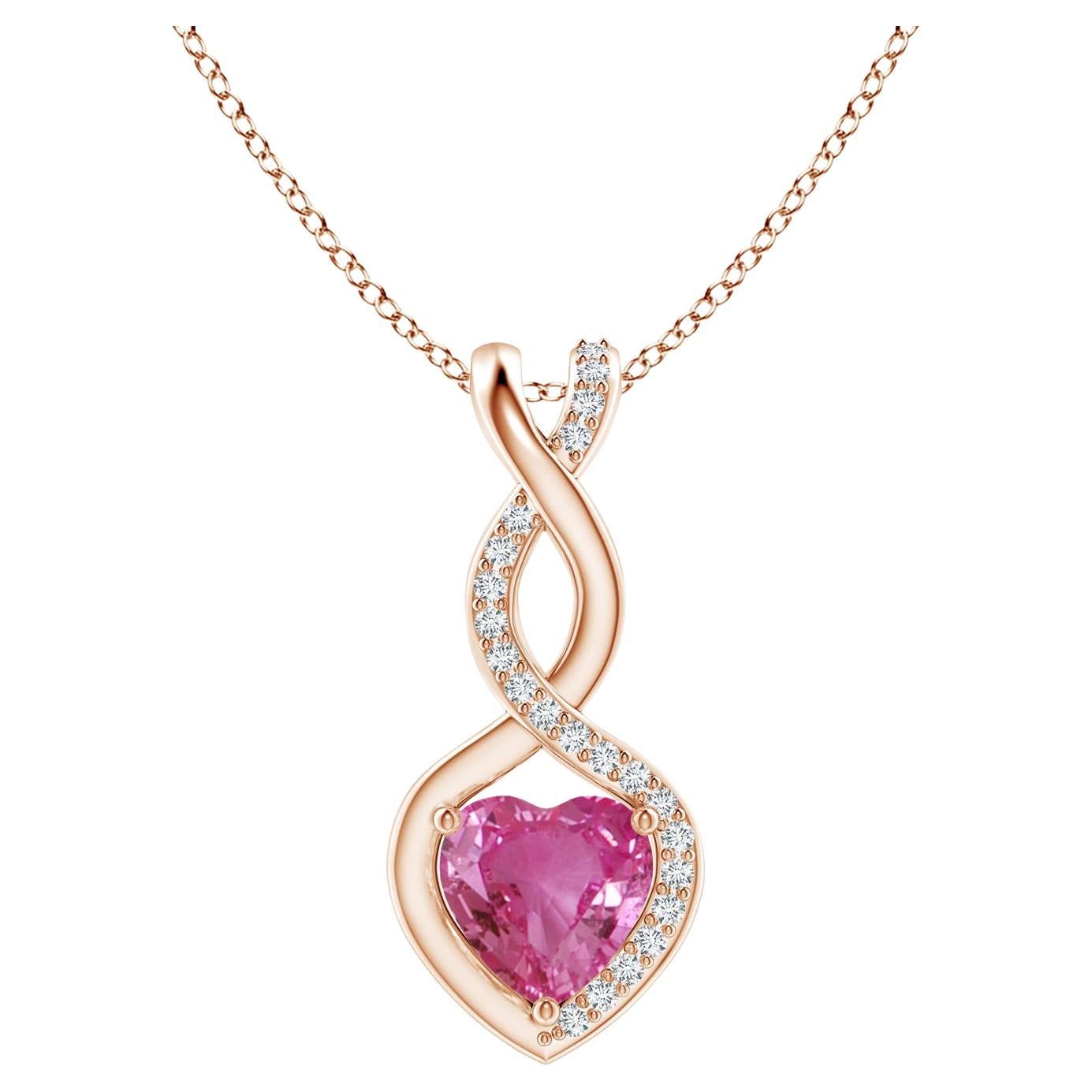 Natural 0.80ct Pink Sapphire Infinity Heart Pendant Diamonds in 14K Rose Gold For Sale