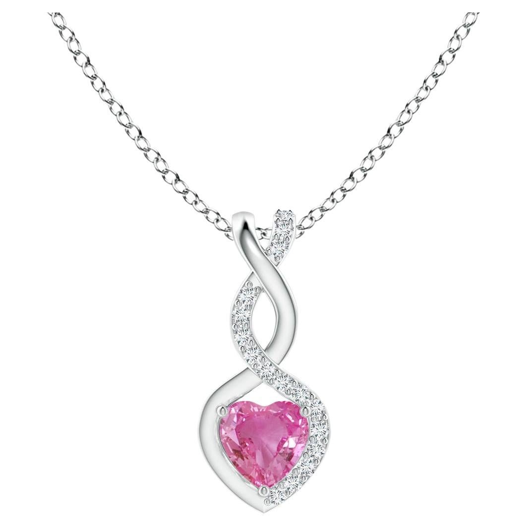 Natural 0.25ct Pink Sapphire Infinity Heart Pendant Diamonds in 14K White Gold For Sale
