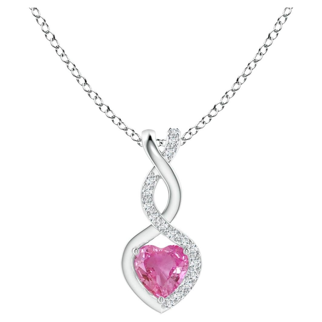 Natural 0.25ct Pink Sapphire Infinity Heart Pendant Diamonds in 14K White Gold