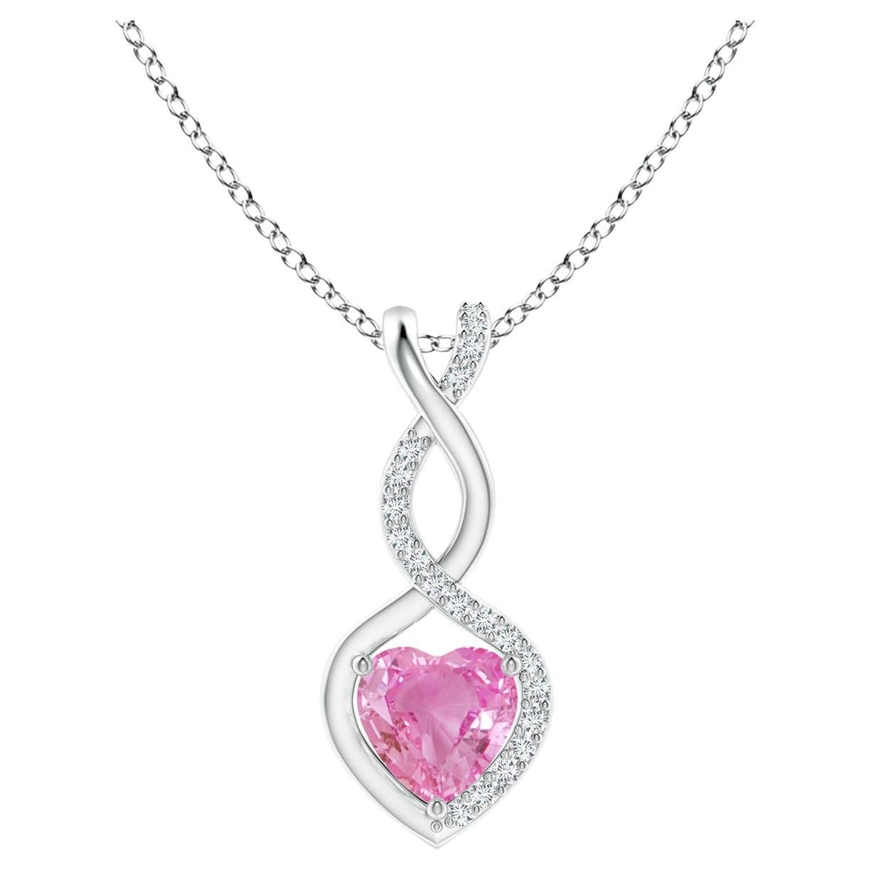 Natural 0.55ct Pink Sapphire Infinity Heart Pendant Diamonds in 14K White Gold For Sale