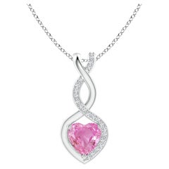 Natural 0.80ct Pink Sapphire Infinity Heart Pendant Diamonds in 14K White Gold