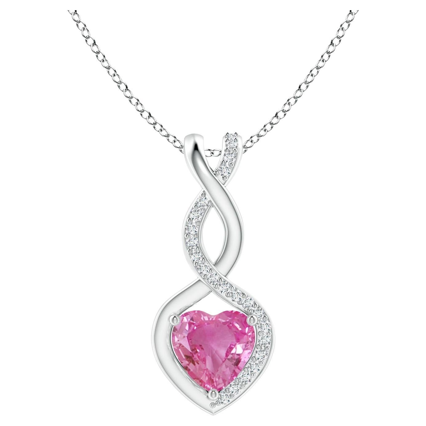 Natural 0.80ct Pink Sapphire Infinity Heart Pendant Diamonds in 14K White Gold For Sale
