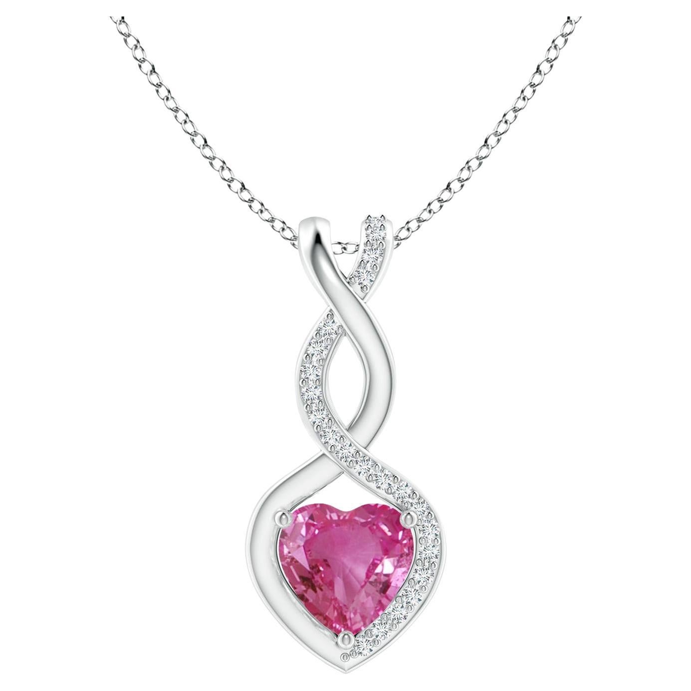 Natural 0.80ct Pink Sapphire Infinity Heart Pendant with Diamonds in Platinum