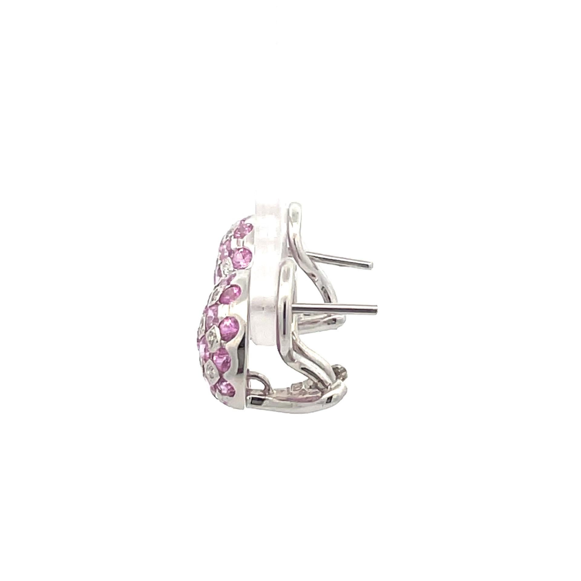 Round Cut Natural Pink Sapphire & Natural Diamond  Checkerboard Earring in 18kt White Gold For Sale