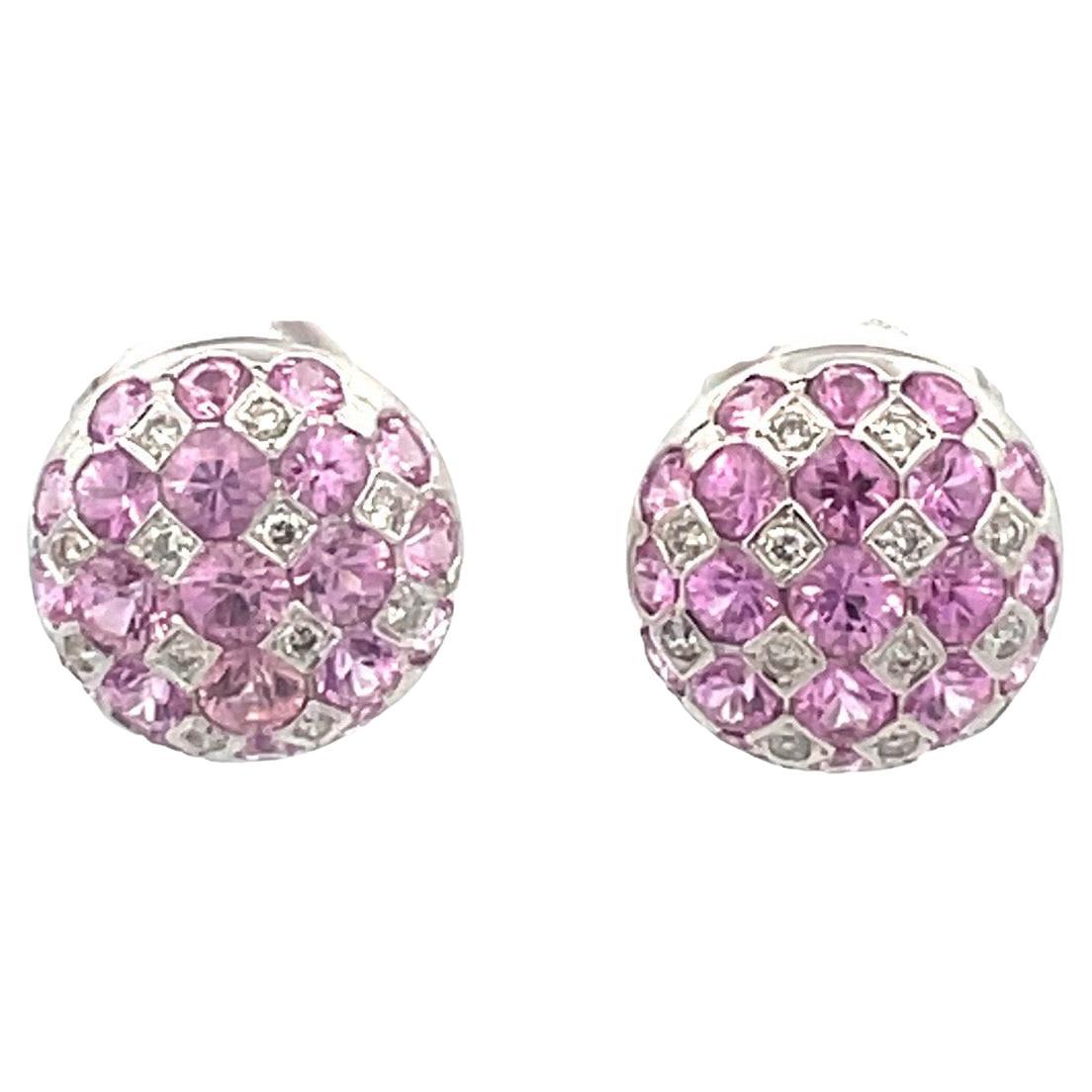 Natural Pink Sapphire & Natural Diamond  Checkerboard Earring in 18kt White Gold For Sale