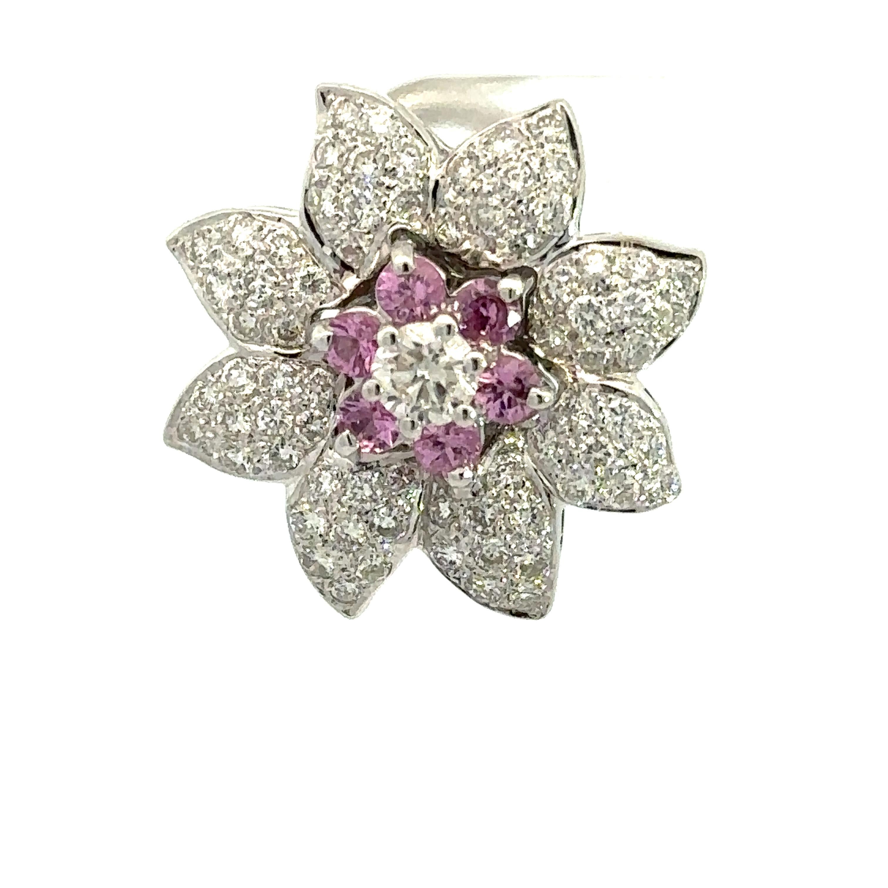 Contemporary Natural Pink Sapphire & Natural Diamond Flower Earring in 18kt White Gold For Sale