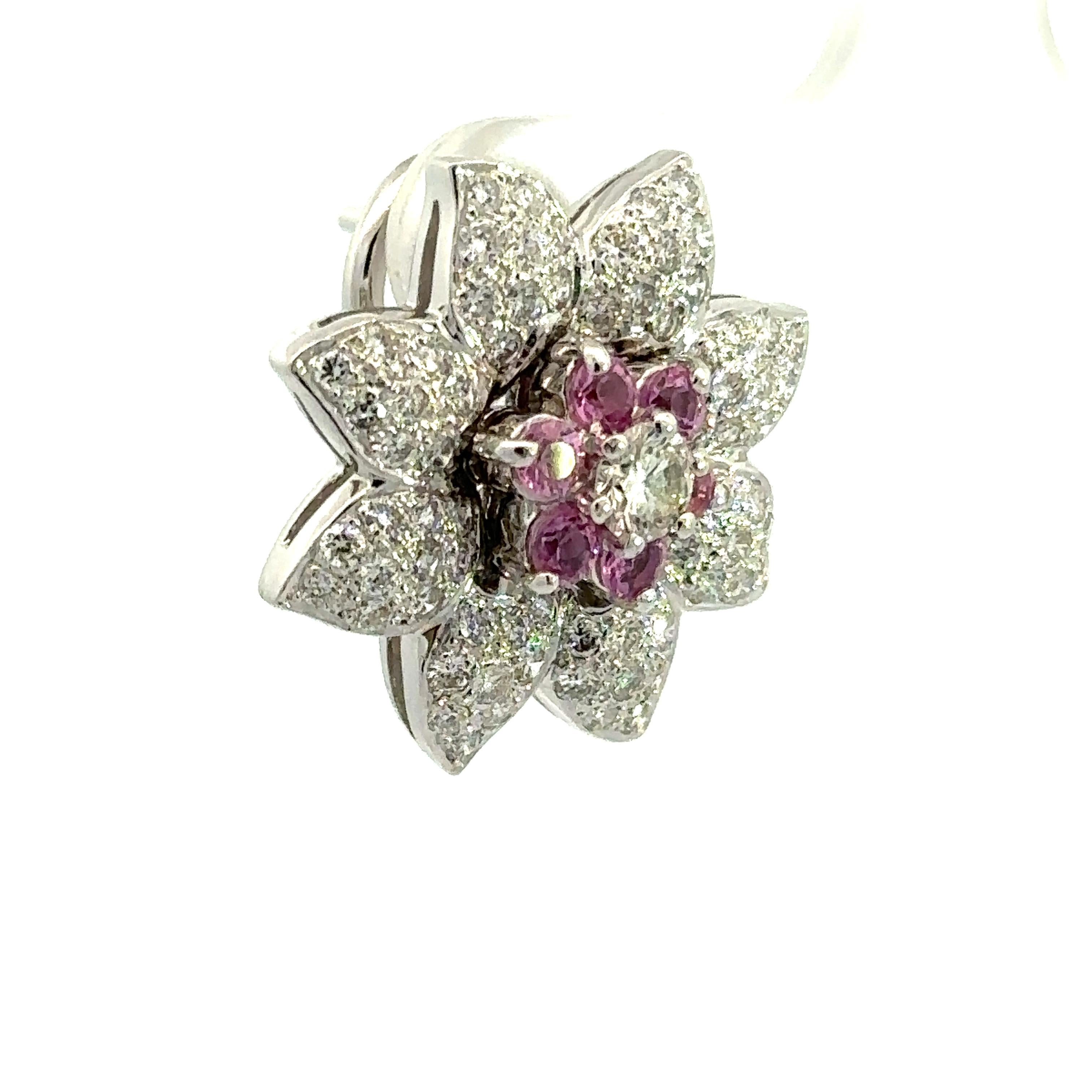 Round Cut Natural Pink Sapphire & Natural Diamond Flower Earring in 18kt White Gold For Sale