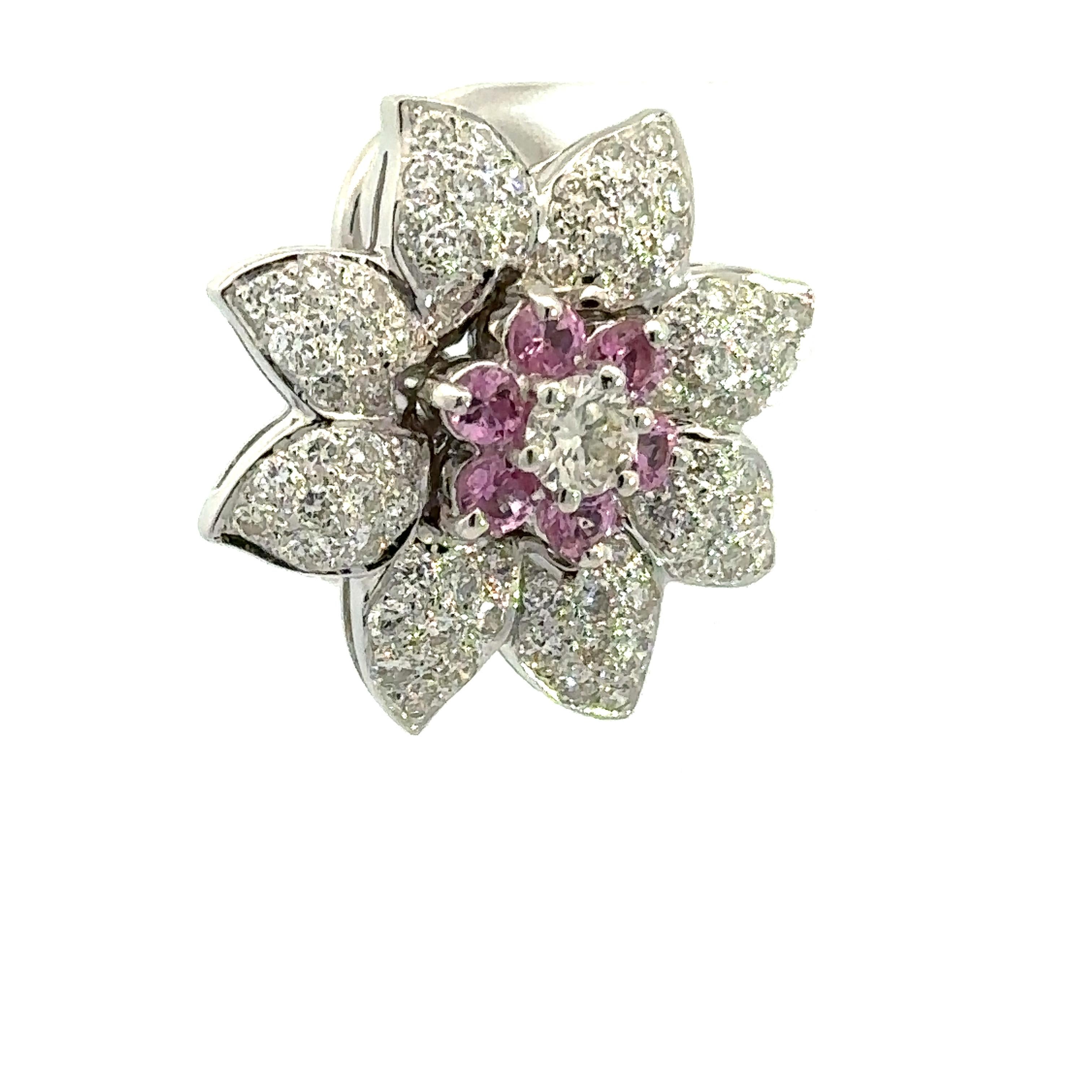 Natural Pink Sapphire & Natural Diamond Flower Earring in 18kt White Gold In New Condition For Sale In Westmount, CA