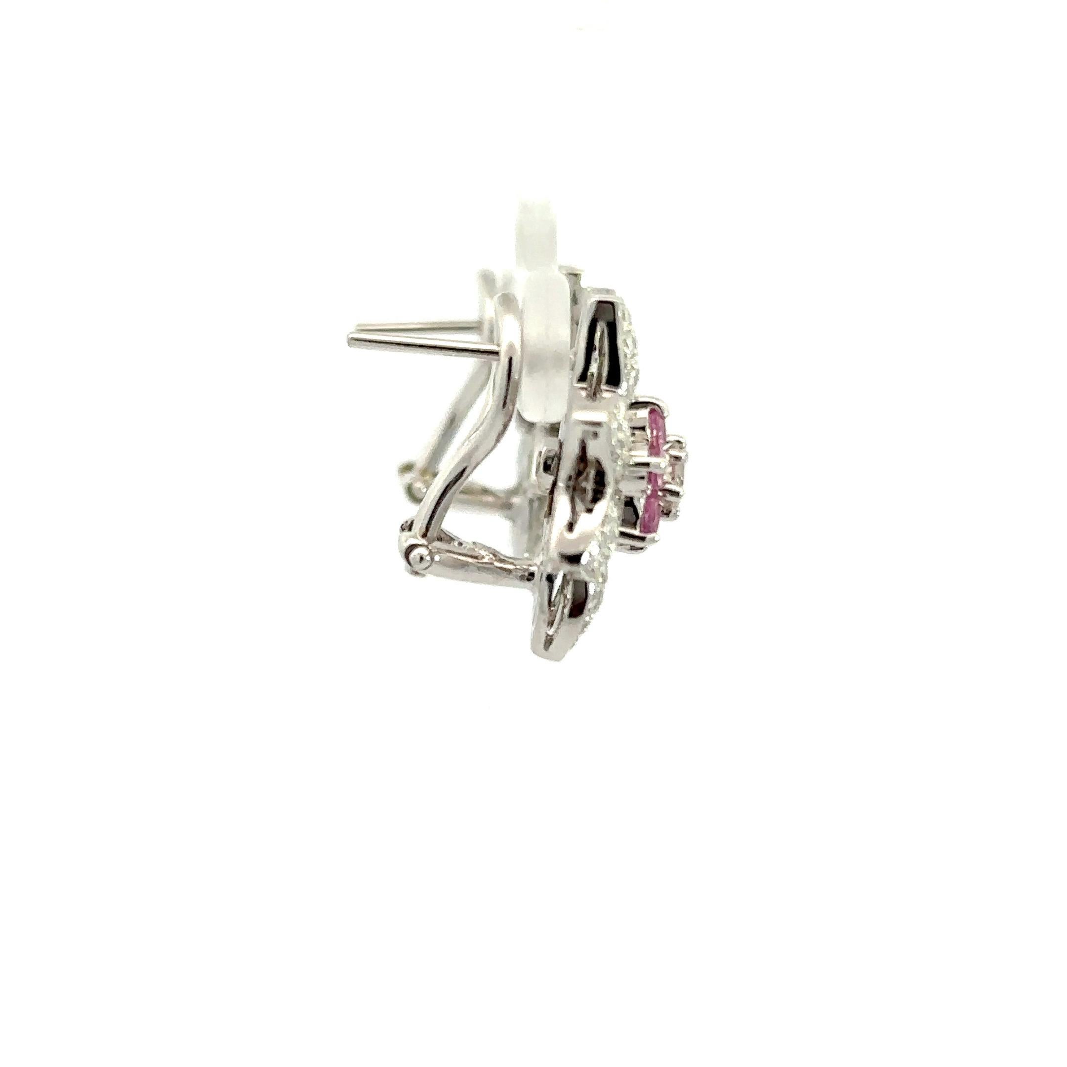 Natural Pink Sapphire & Natural Diamond Flower Earring in 18kt White Gold For Sale 2