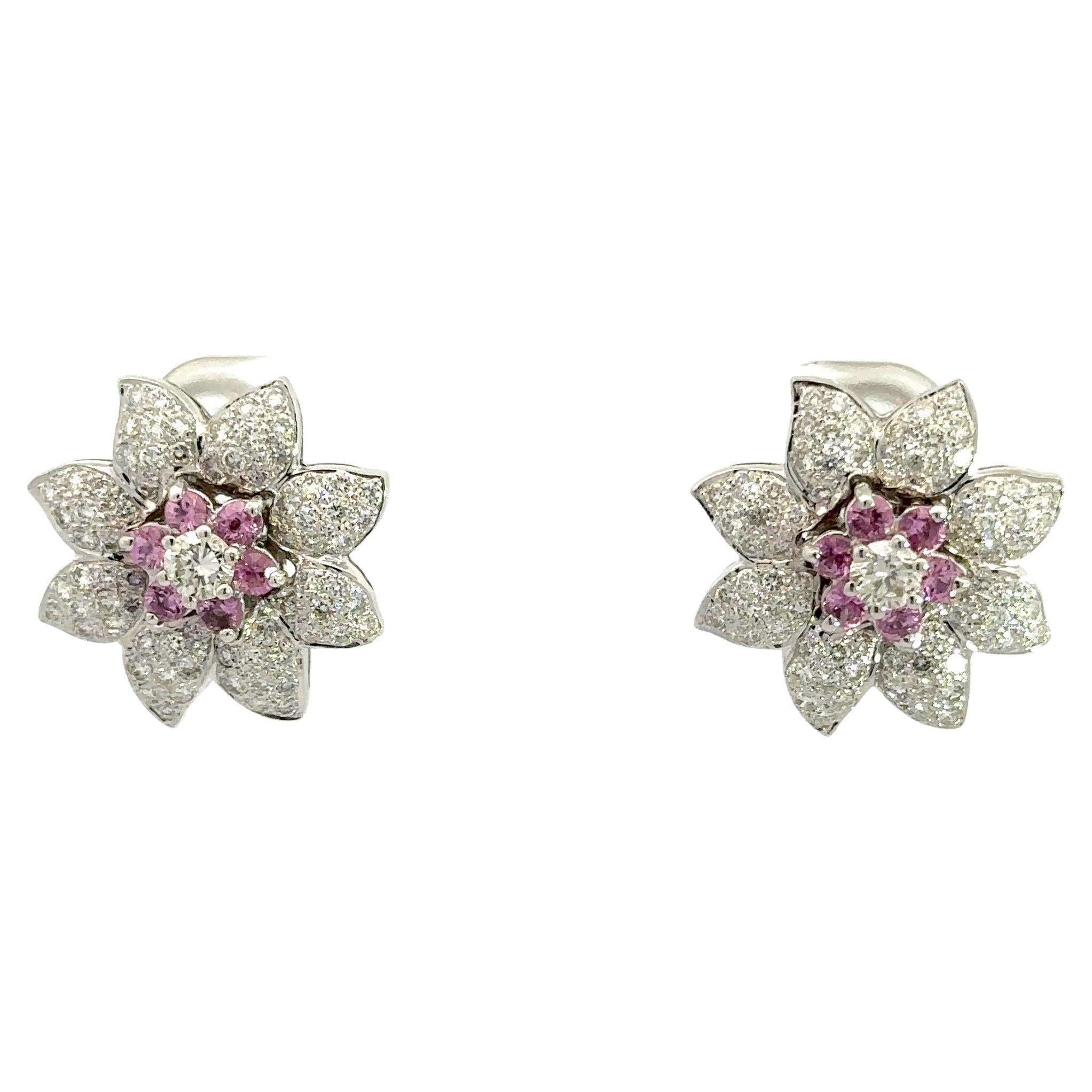 Natural Pink Sapphire & Natural Diamond Flower Earring in 18kt White Gold For Sale