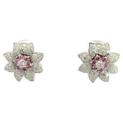 Natural Pink Sapphire & Natural Diamond Flower Earring in 18kt White Gold