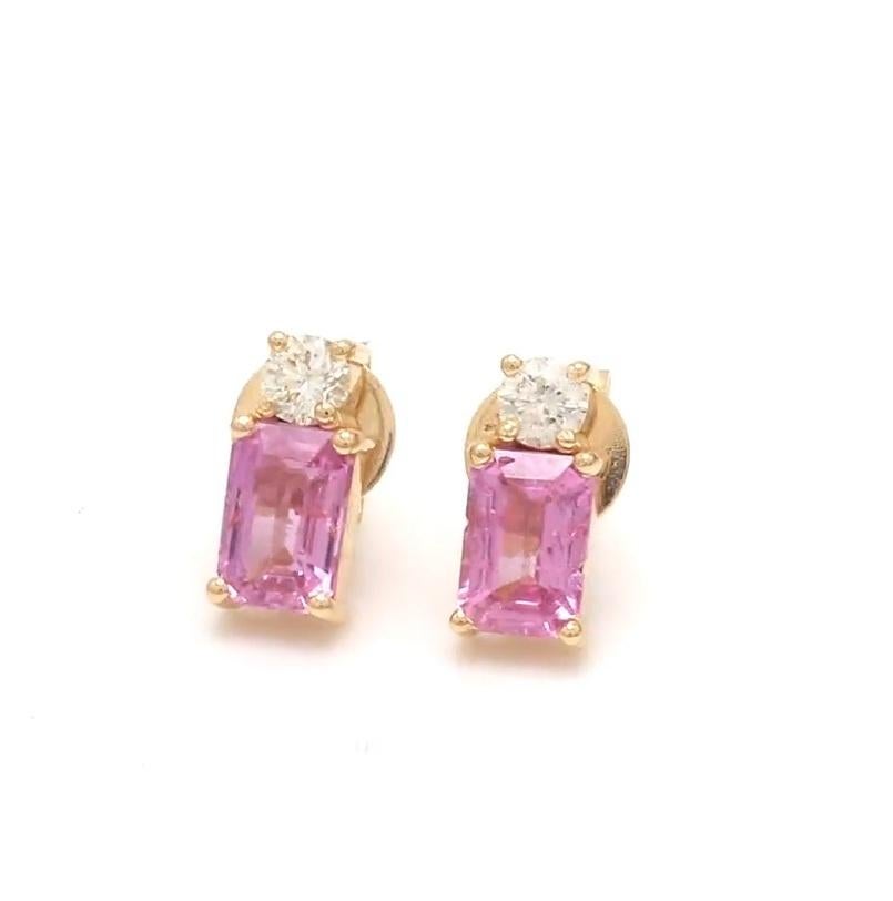 Clous d'oreilles en saphir rose naturel octogonal et diamant rond en or 14k Neuf - En vente à jaipur, IN