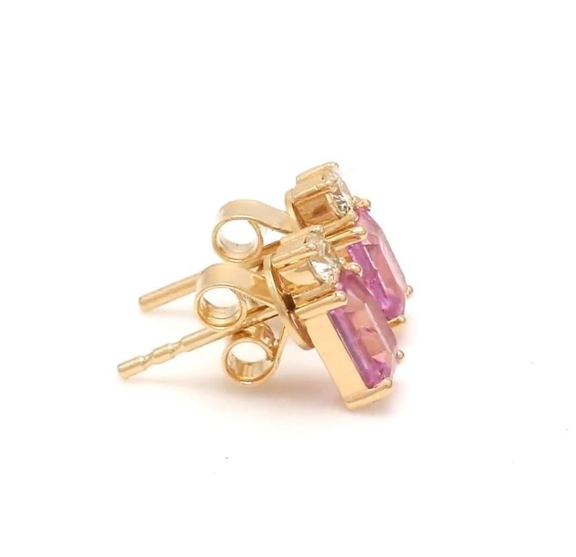 Clous d'oreilles en saphir rose naturel octogonal et diamant rond en or 14k Pour femmes en vente