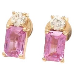 Natural pink sapphire octagon diamond round studs in 14k gold