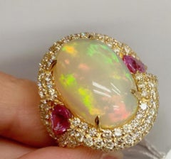 Natural Pink sapphire, Opal & Diamond Ring in 18k Gold