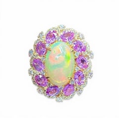 Natural Pink sapphire, Opal & Diamond Ring in 18k Gold