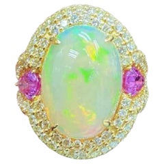 Natural Pink sapphire, Opal & Diamond Ring in 18k Gold