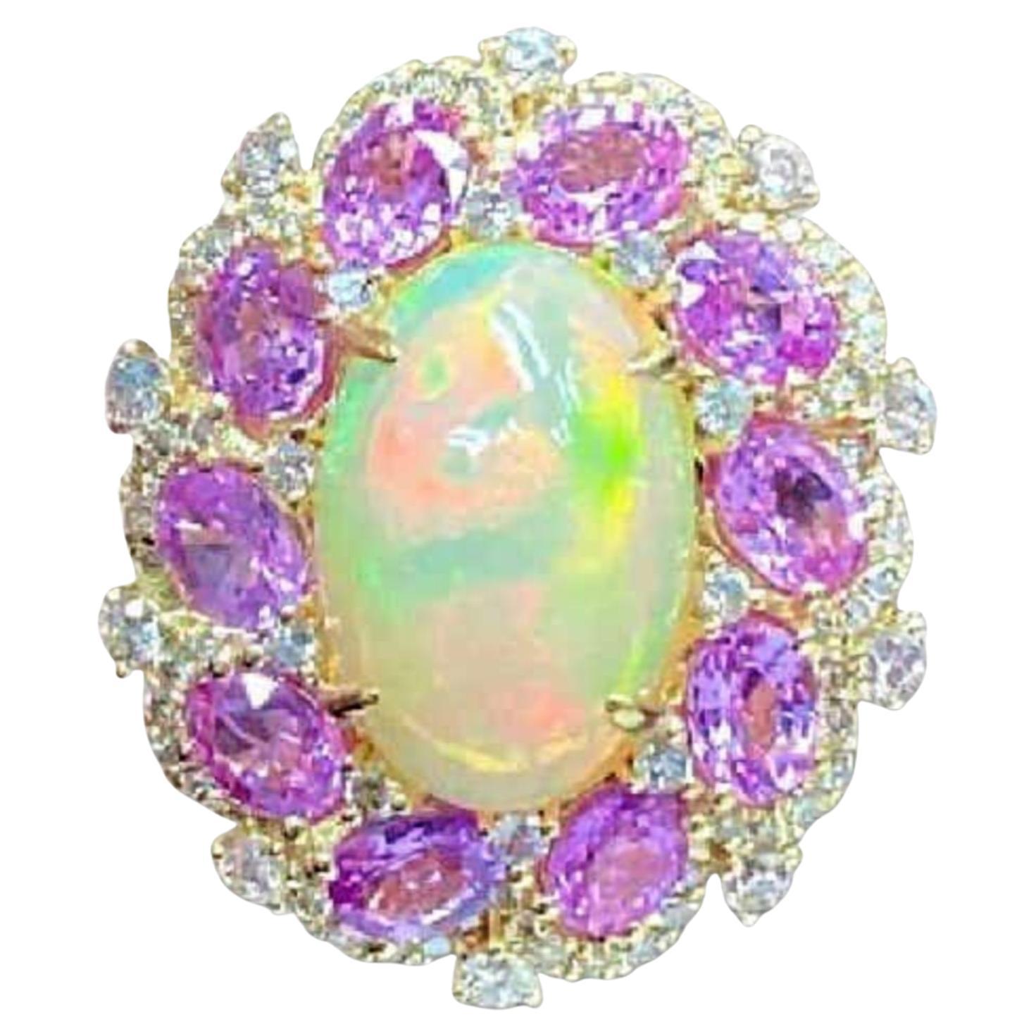18k Gold Ring with Pink Sapphire, Opal, and Diamond Gemstones For Sale