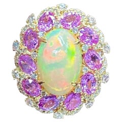 Natural Pink sapphire, Opal & Diamond Ring in 18k Gold