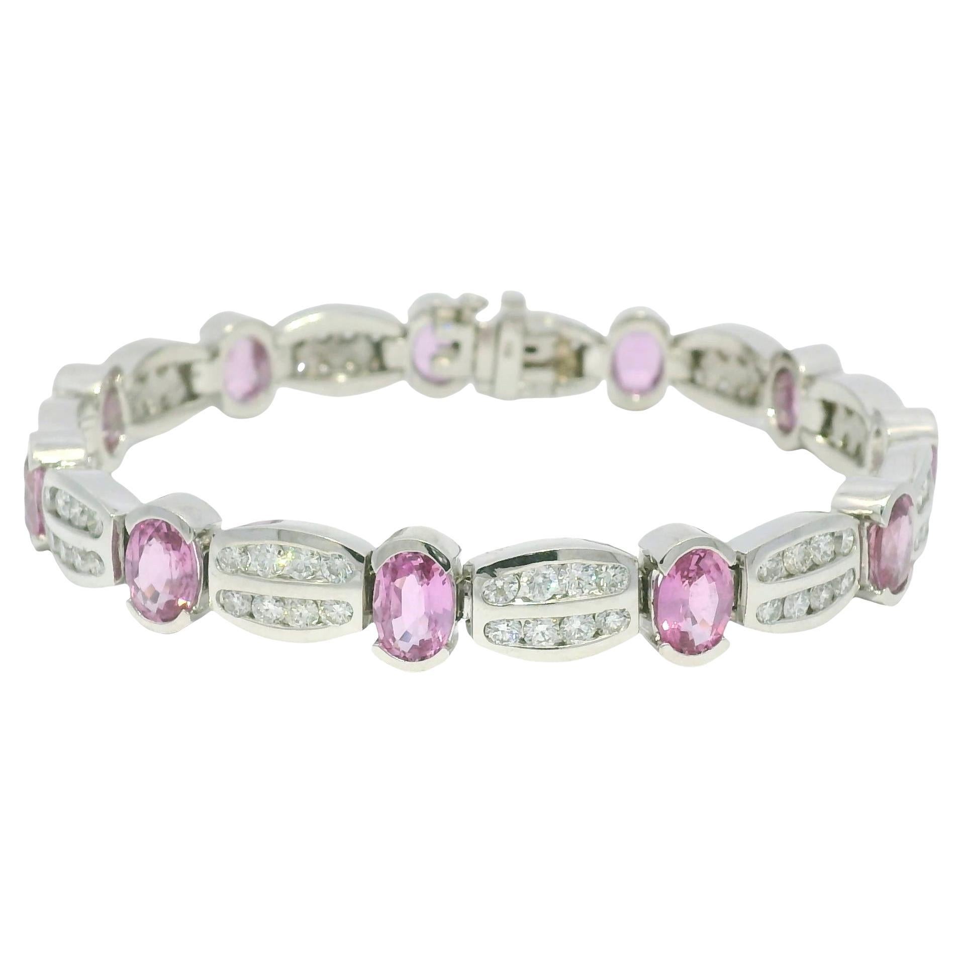 Natural Pink Sapphire Oval Shape & Diamond 14-Karat Bracelet In Stock