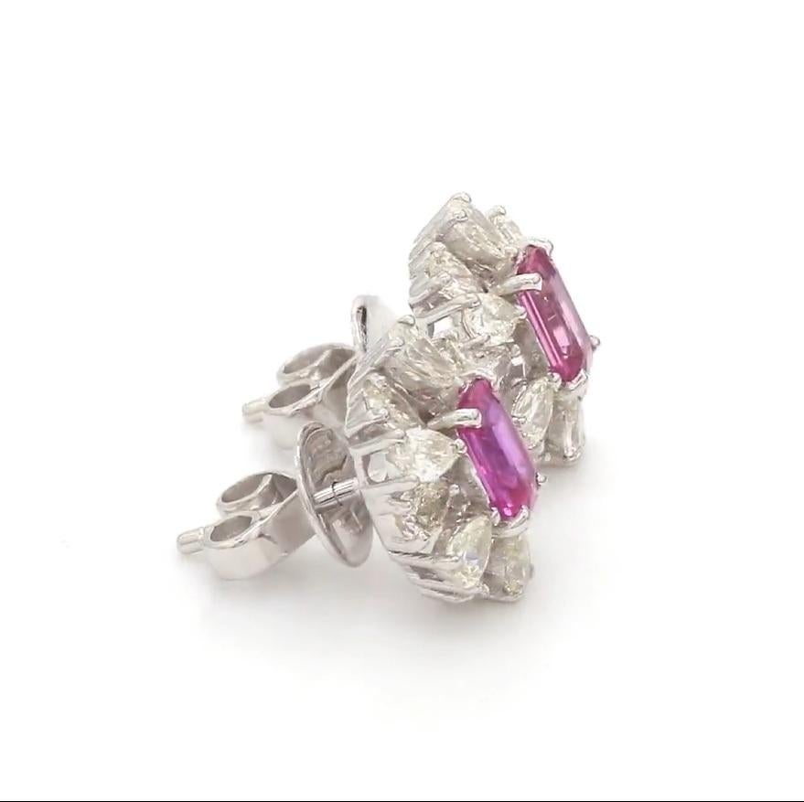 Taglio Asscher Orecchini con zaffiro rosa naturale, pera e diamante in oro 14 carati in vendita
