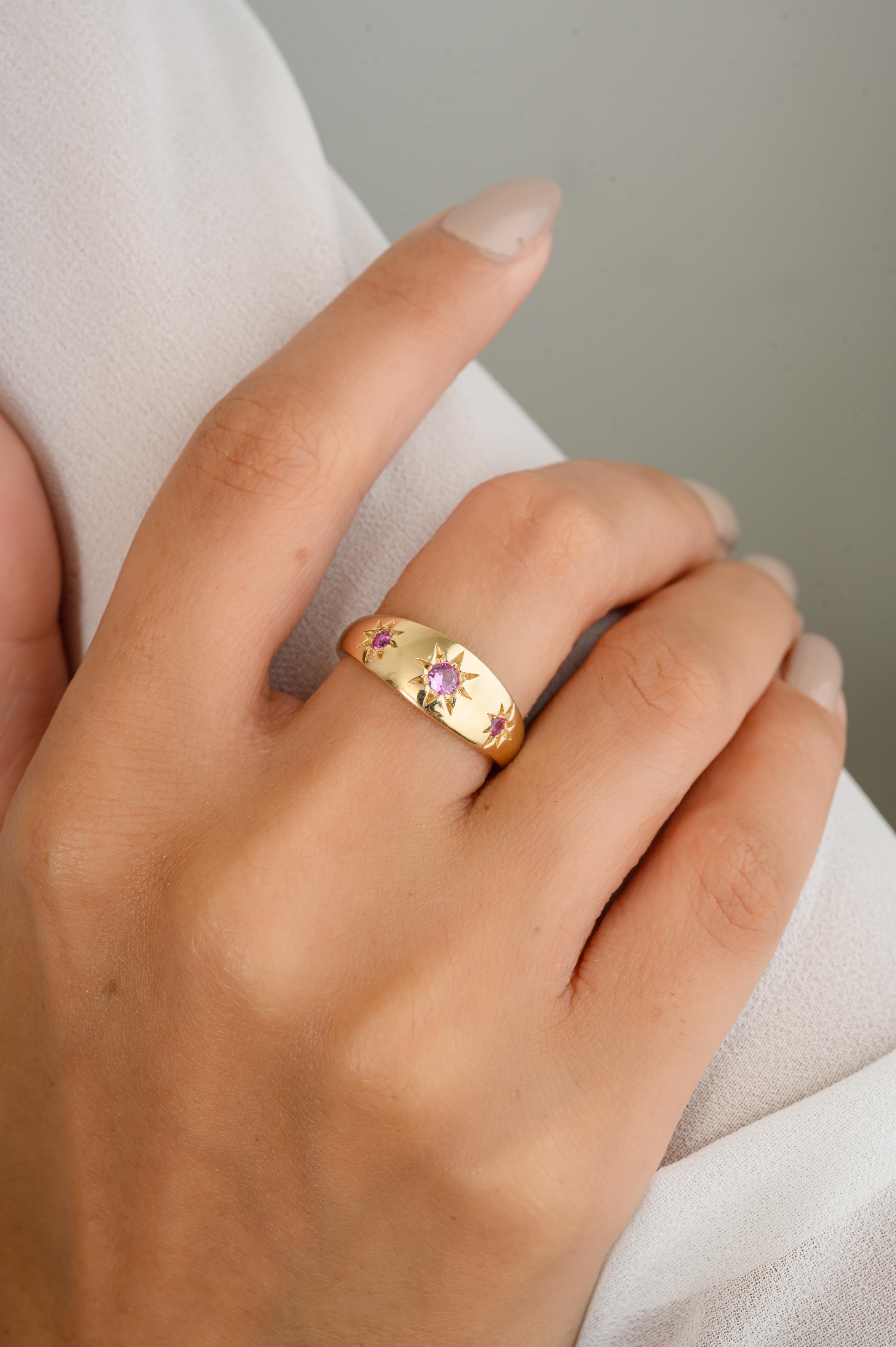 For Sale:  Natural Pink Sapphire Pinky Dome Ring Birthday Gift in 14k Solid Yellow Gold 2