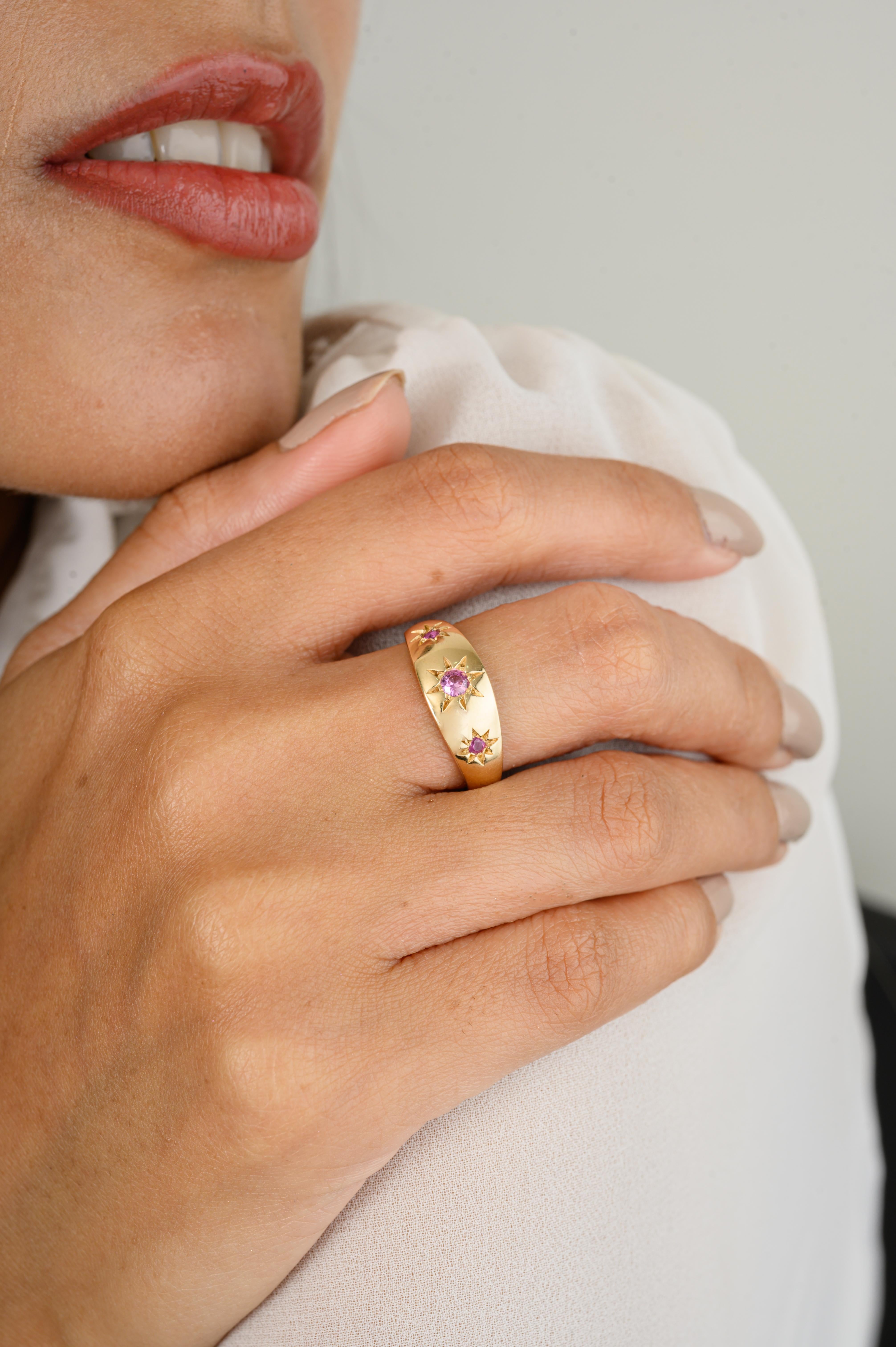 For Sale:  Natural Pink Sapphire Pinky Dome Ring Birthday Gift in 14k Solid Yellow Gold 5
