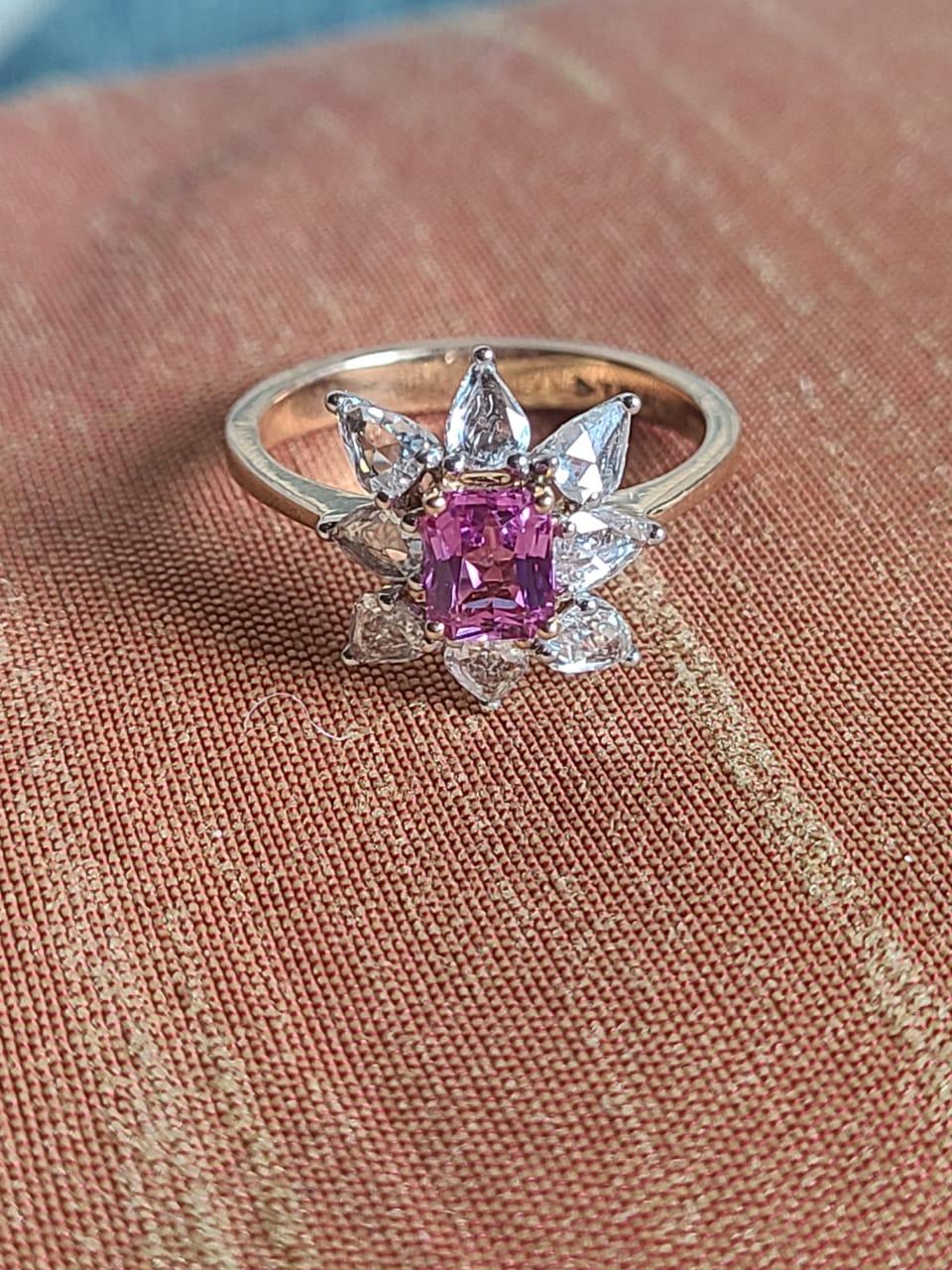 Art Deco Natural Pink Sapphire & Rose Cut Diamonds Engagement Ring Set in 18K Rose Gold For Sale