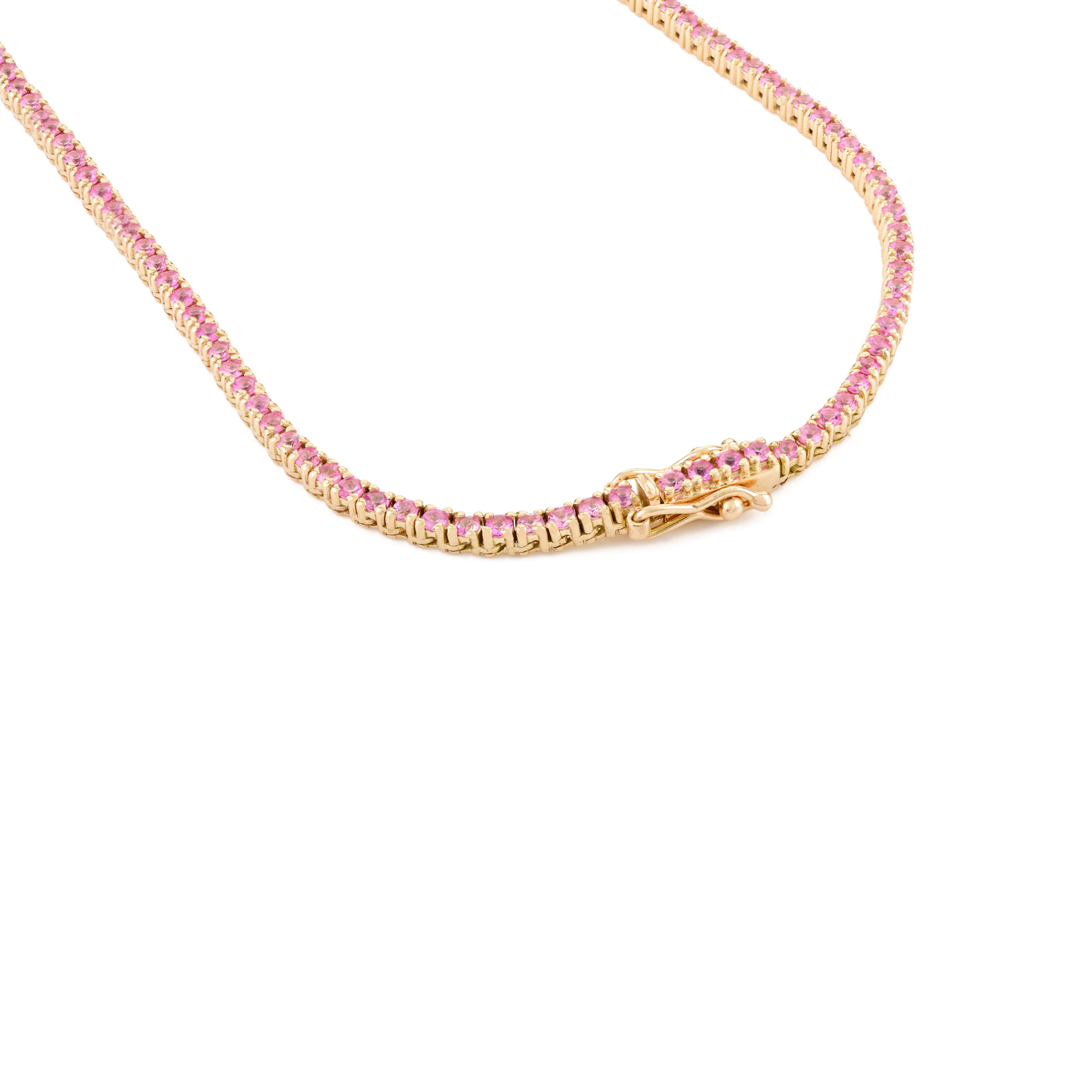 Modern Natural Pink Sapphire Sleek Tennis Necklace Handcrafted in 14k Yellow Gold For Sale