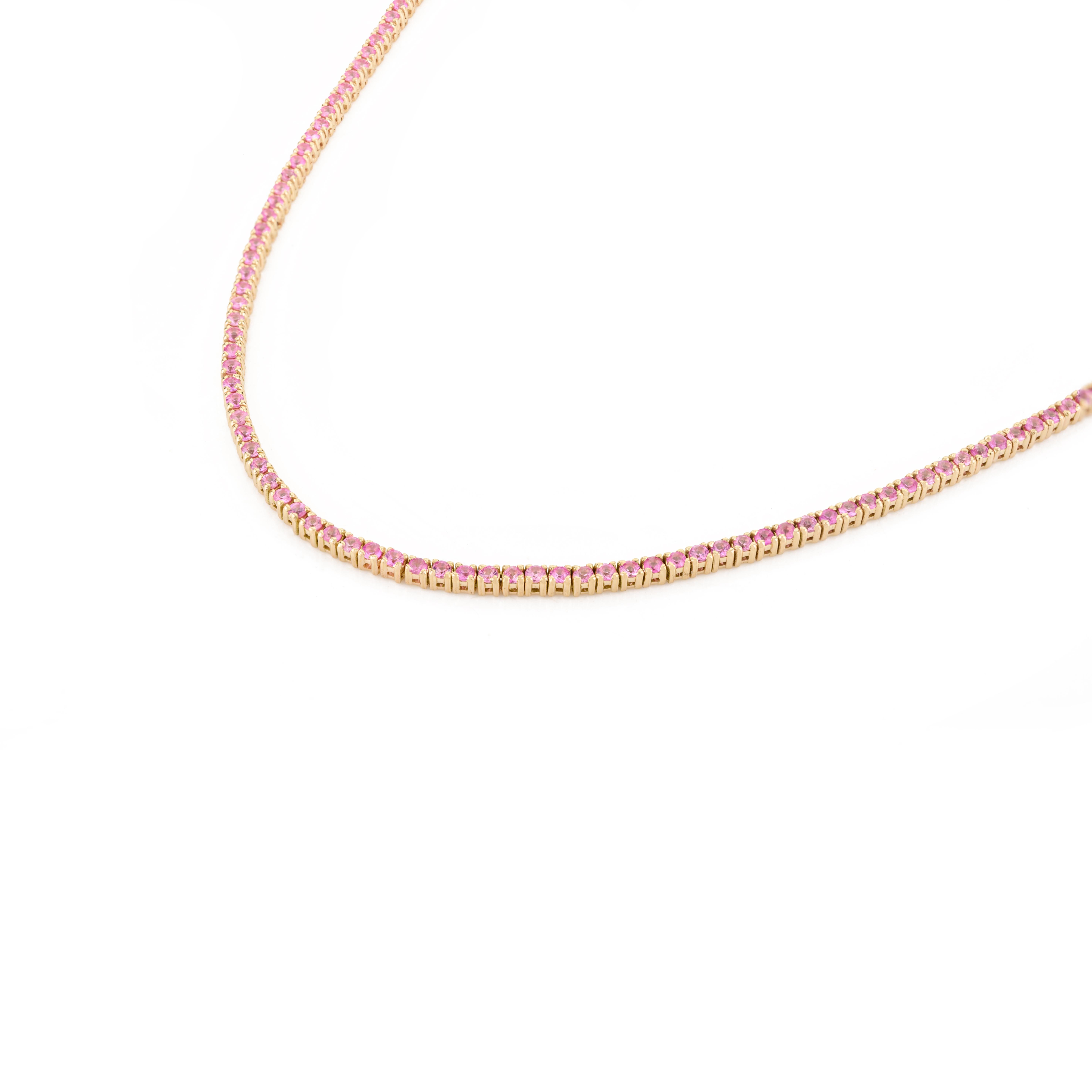 Round Cut Natural Pink Sapphire Sleek Tennis Necklace Handcrafted in 14k Yellow Gold For Sale
