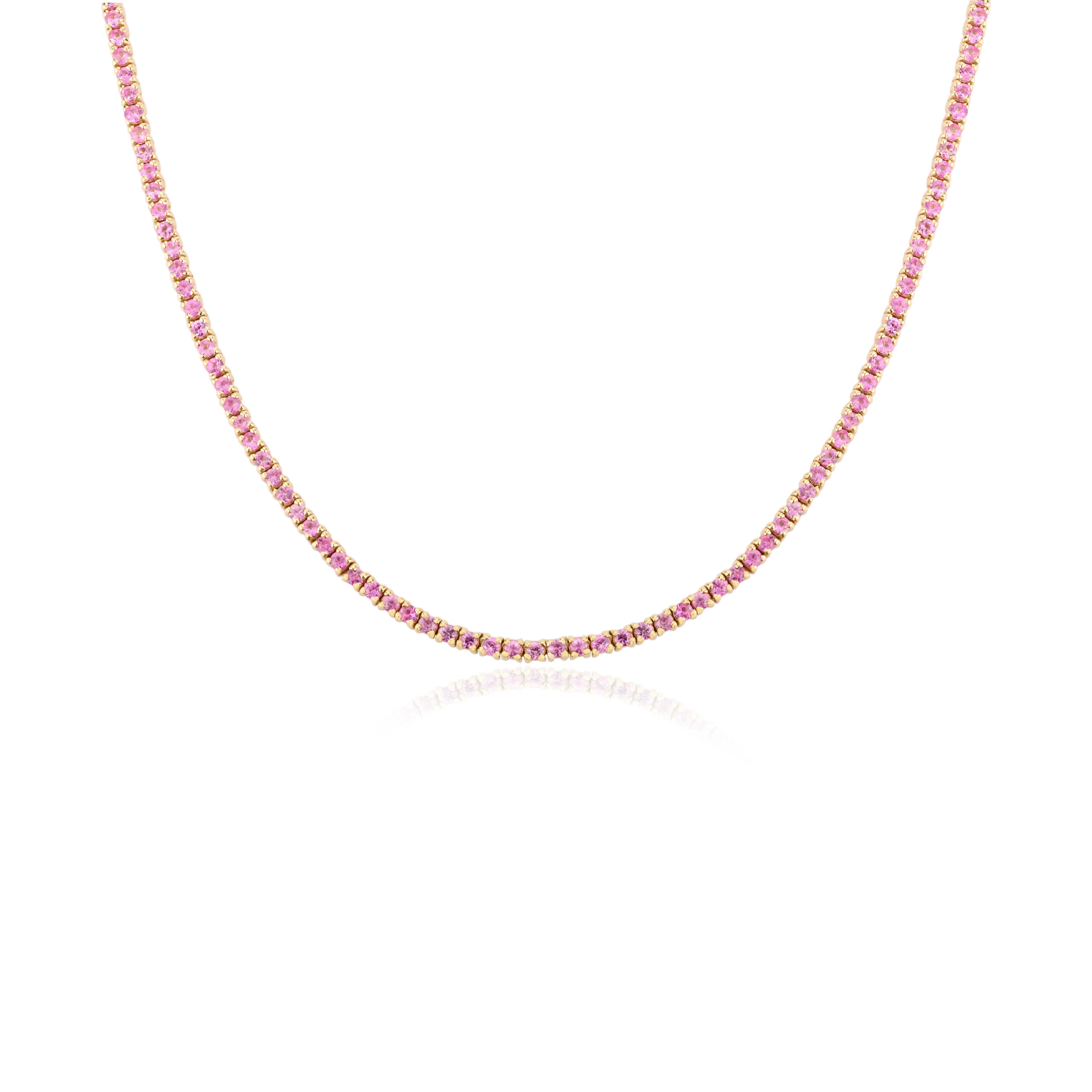 Women's Natural Pink Sapphire Sleek Tennis Necklace Handcrafted in 14k Yellow Gold For Sale