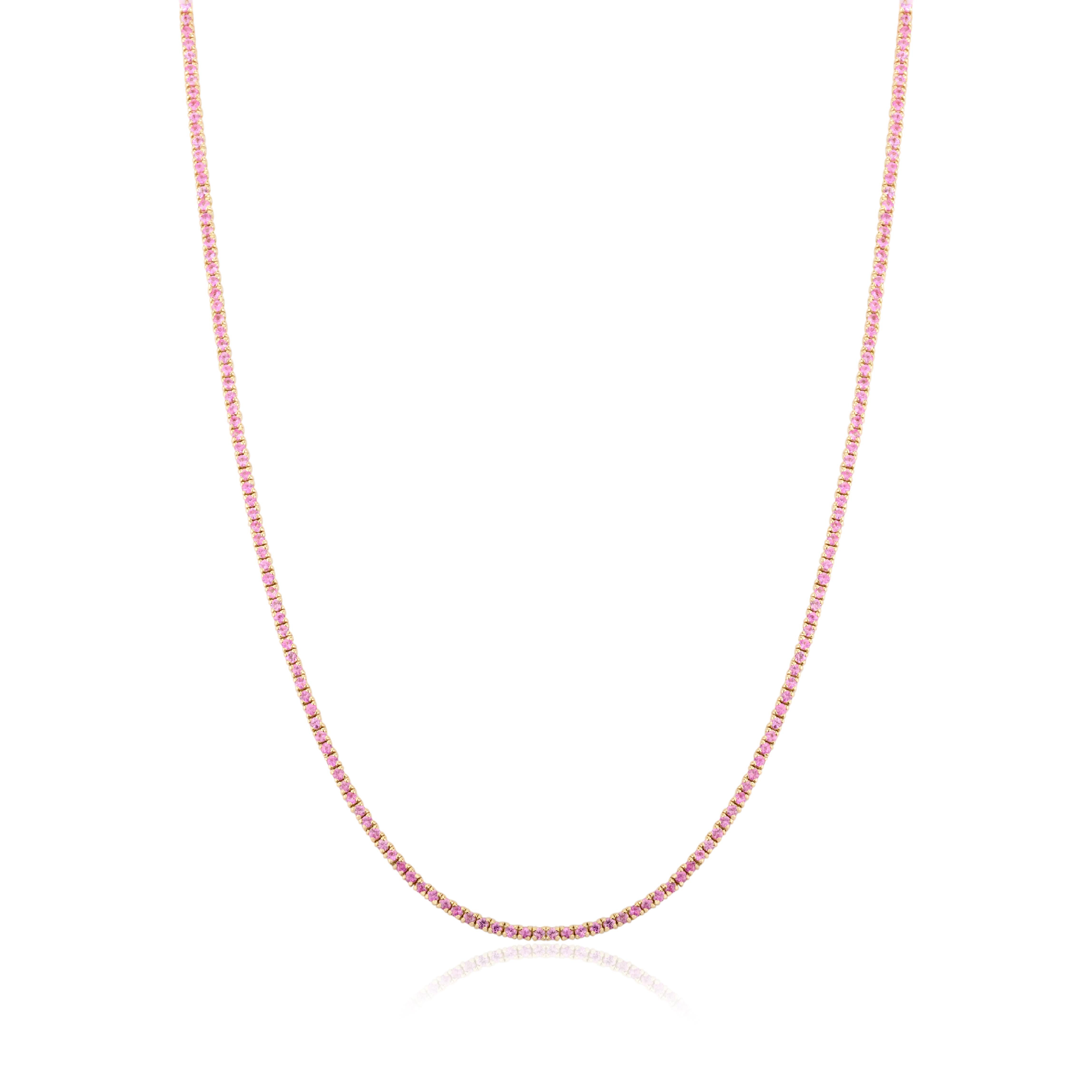 Natural Pink Sapphire Sleek Tennis Necklace Handcrafted in 14k Yellow Gold For Sale 1