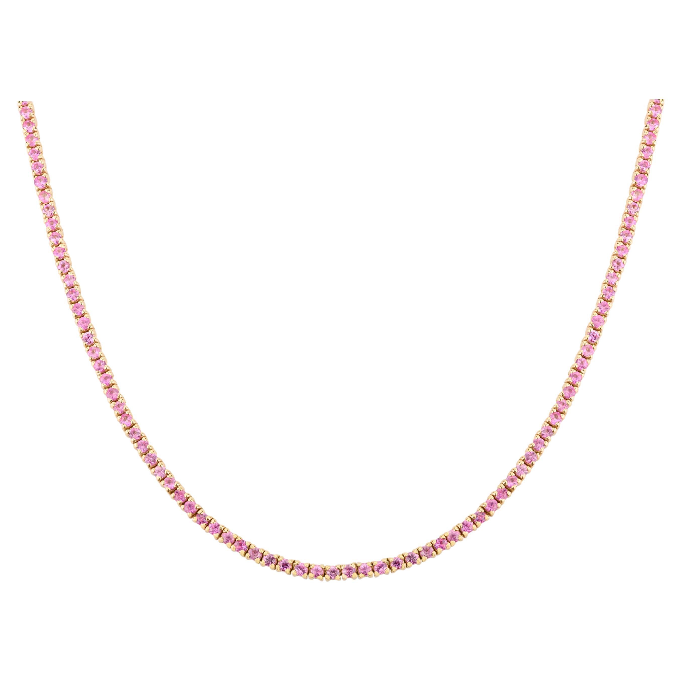 Natural Pink Sapphire Sleek Tennis Necklace Handcrafted in 14k Yellow Gold