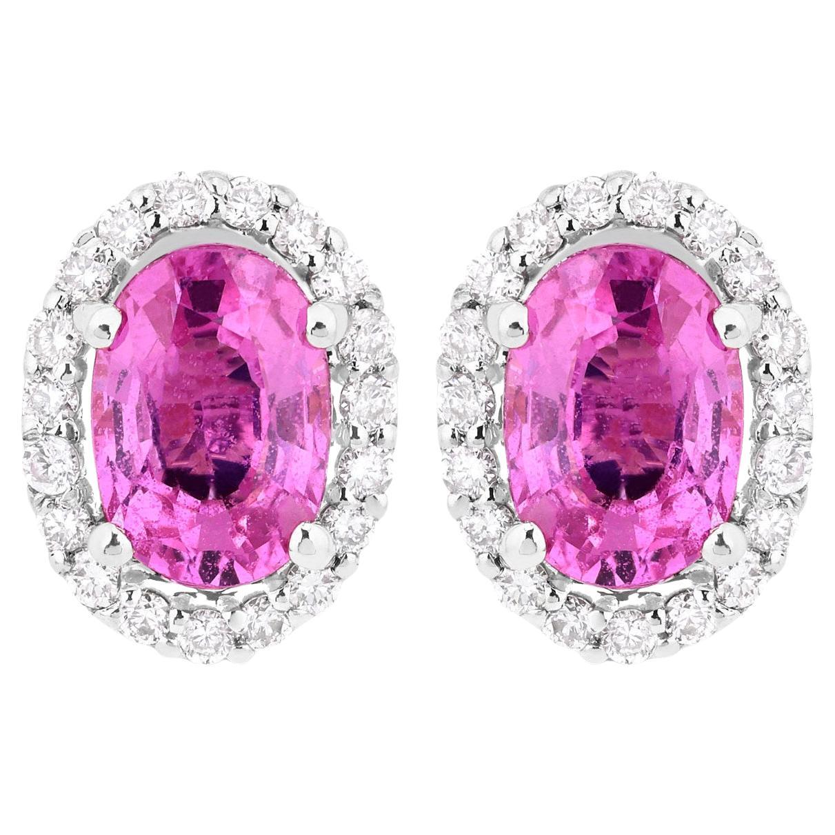 Natural Pink Sapphire Stud Earrings With Diamonds 1.46 Carats 14K White Gold