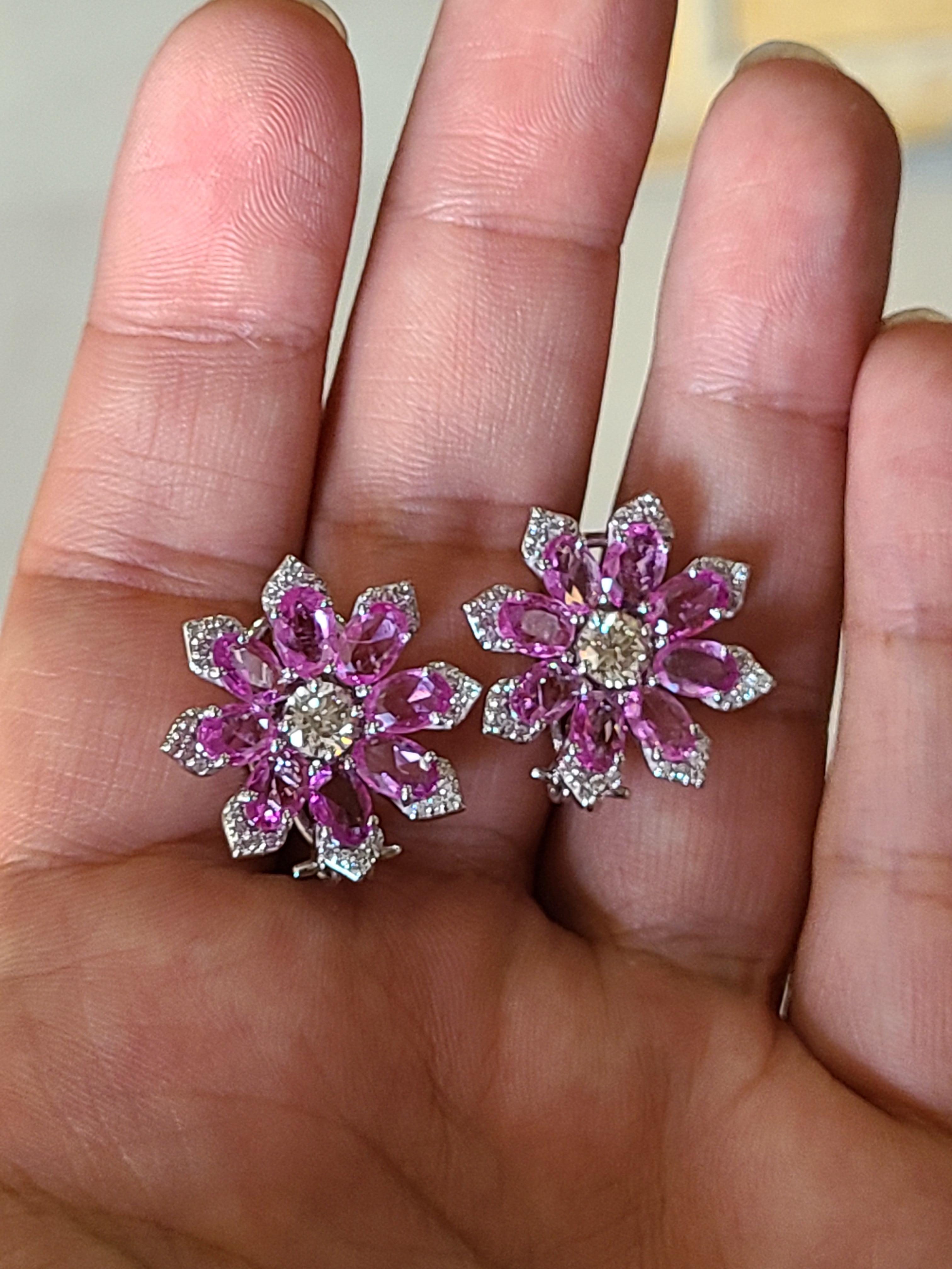Oval Cut Natural Pink Sapphire Studs/Earrings Set in 18 Karat Gold with Diamonds