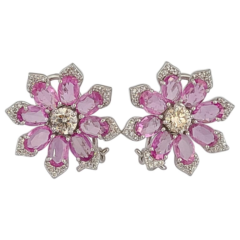 Natural Pink Sapphire Studs/Earrings Set in 18 Karat Gold with Diamonds ...